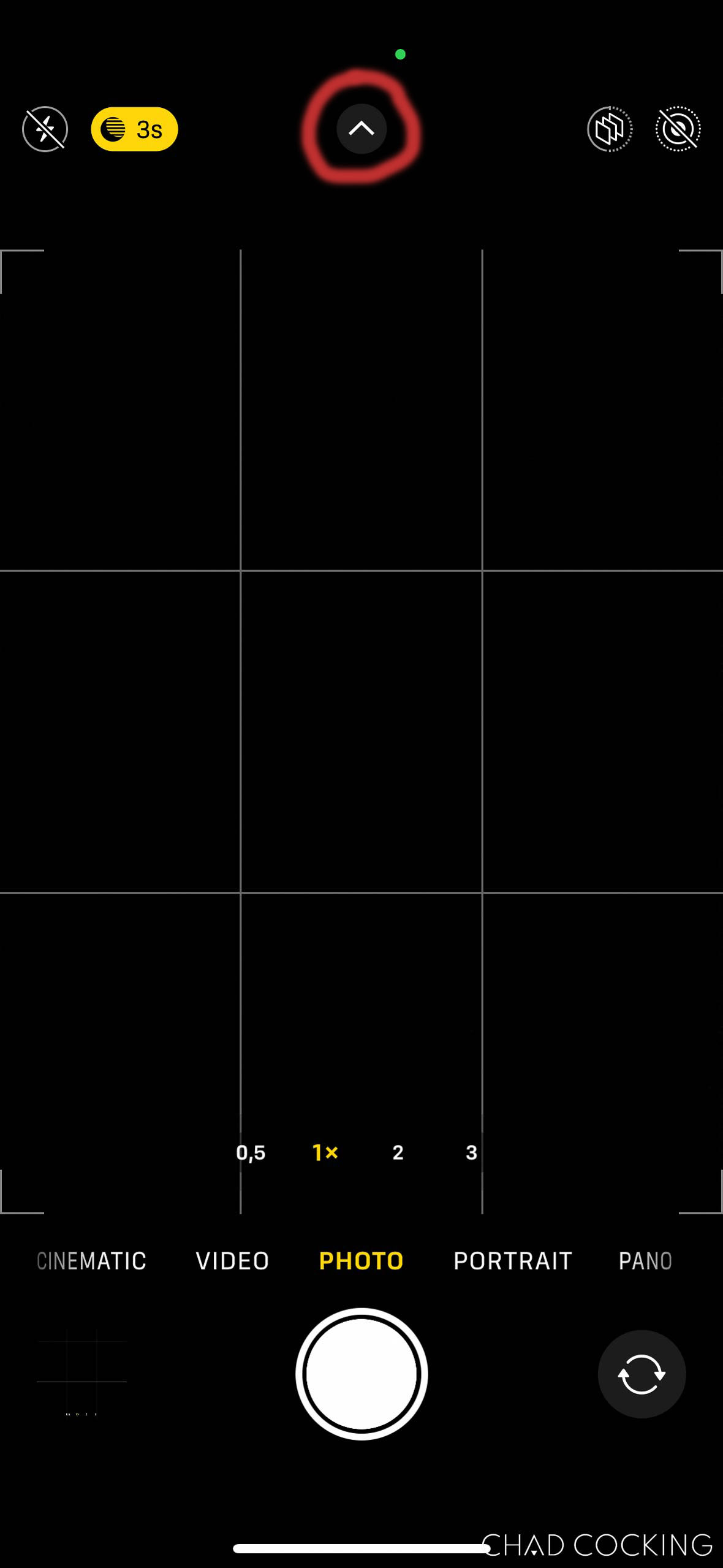 iPhone camera interface showing the arrow icon that expands additional camera settings.