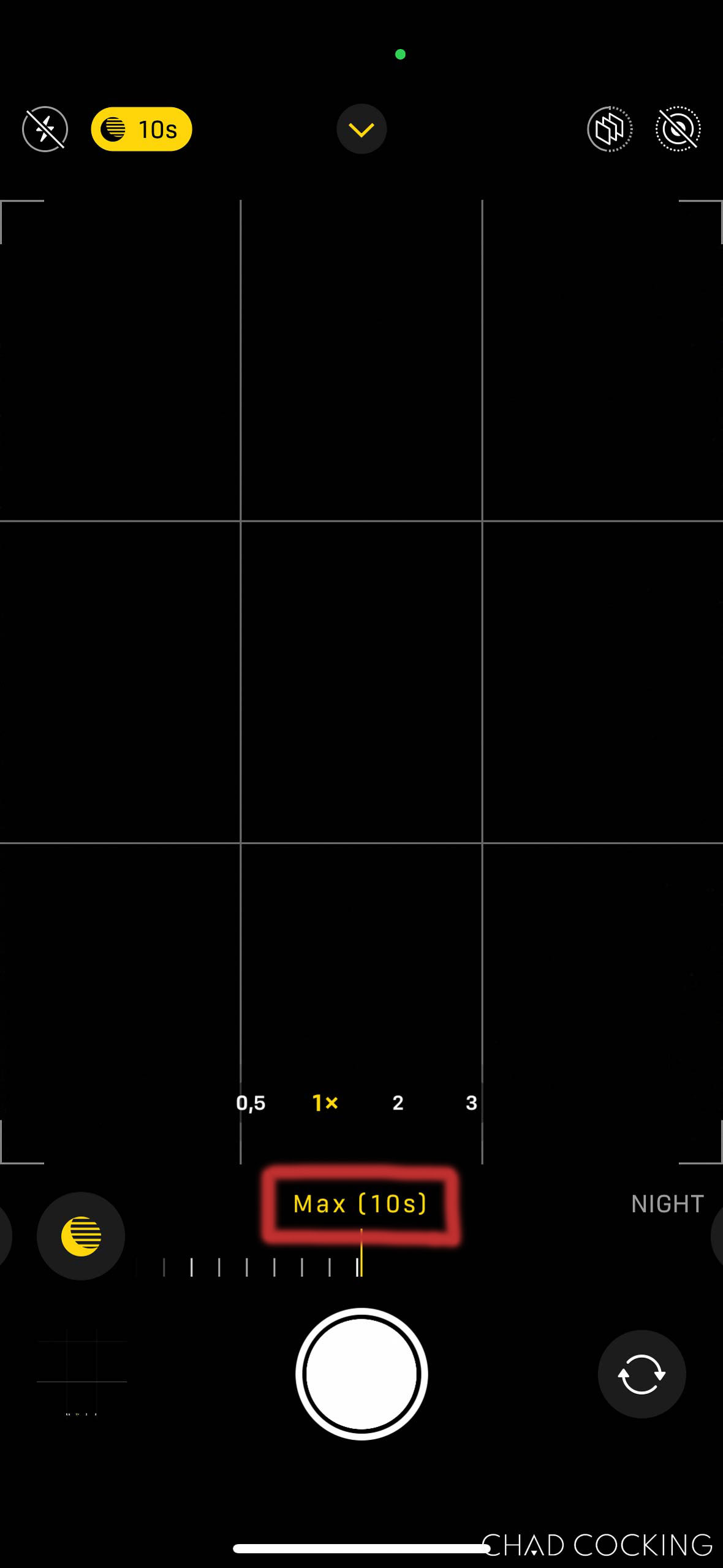 Night mode slider set to maximum 10 seconds on an iPhone camera.