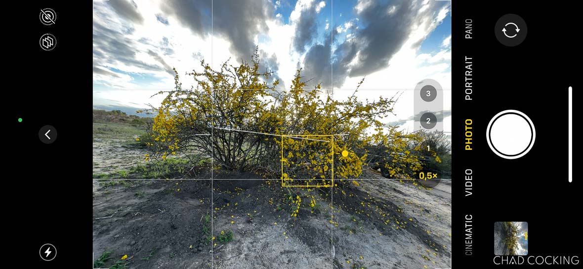 iPhone camera screen showing a skew horizon with the white spirit level line visible.