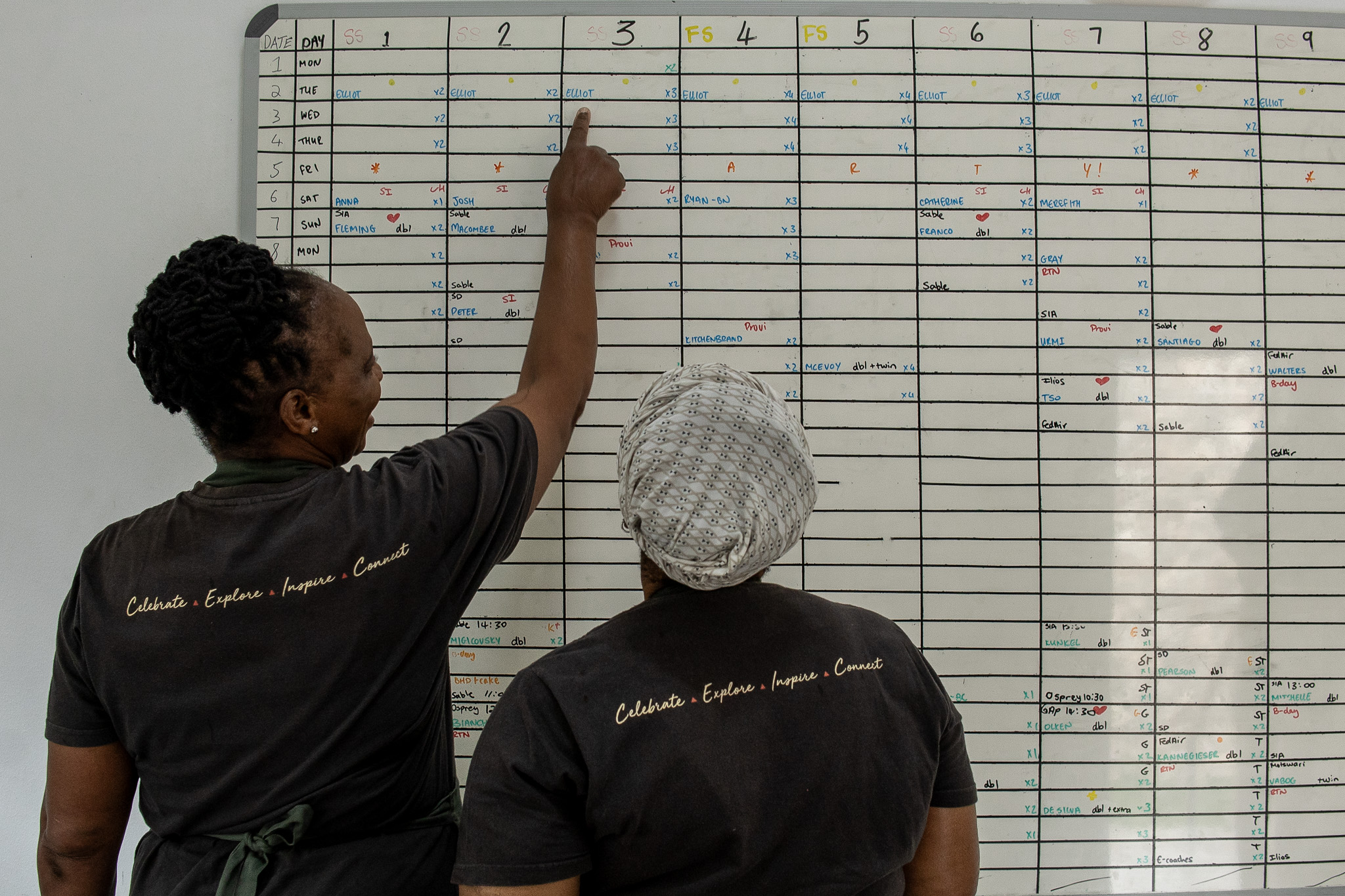 Two Tanda Tula team members reading and discussing the lodge’s operations board together.